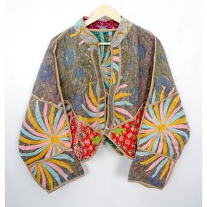 Eco-Friendly 100% Cotton Kantha Handmade Floral Printed Open <b>Jacket</b> Hand Quilted Detail Non Woven Knitted Process Spring Autumn - Product Image 3