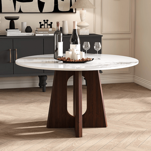 Table à manger ronde moderne en marbre de 53 pouces avec base en bois massif noyer, design croisé robuste pour 4 à 6 personnes, en pierre frittée - Product Image 5