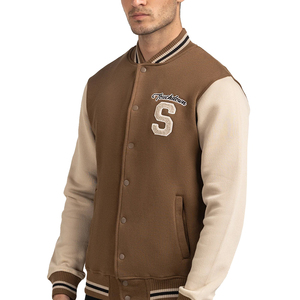 Men's <b>Brown</b> Varsity Jacket Cotton Polyester Blend Regular Fit Solid Color Turn-down Collar Zipper Closure Casual Autumn Wear - Product Image 4