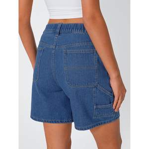 Trendy Mid <b>Waist</b> Straight Cut Womens <b>Jean</b> Shorts Fashion Outfits with Button Decor Casual Logo on <b>Waist</b> - Product Image 2