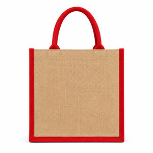 Red Custom Logo Jute Shopping <b>Bag</b> with Canvas Trim Small Size <b>Zipper</b> Closure Handled Supermarket <b>Tote</b> - Product Image 3