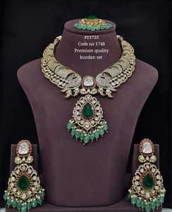 11755Premium Kundan <b>Jewelry</b> <b>Set</b> With <b>Emerald</b> Moissanite Green Stones Mehandi Plated For Wedding Women's Trendy Style - Product Image 1