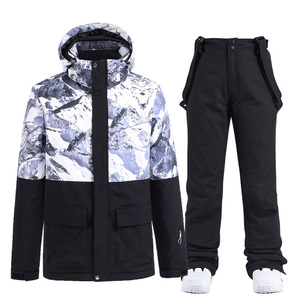 Ensemble de vêtements de ski unisexe, veste à capuche à imprimé neige, pantalon noir, fermeture éclair imperméable, tenue adulte - Product Image 1