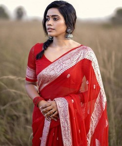 Red Silk Saree With White Border Traditional Indian Wedding Wear For Women <b>Floor</b> Length Regular Fit All Seasons - Product Image 1