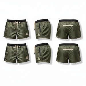 Men's Olive Green Quick Dry <b>Shorts</b> With Drawstring Waist And <b>Zipper</b> Pockets Solid Color Satin Fabric Casual Style - Product Image 1