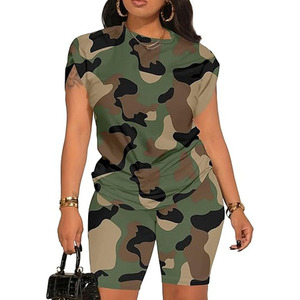 <b>Women's</b> Camouflage Printed 2 Piece Shorts <b>Set</b> Sleeveless O-Neck Casual Knitted Breathable Regular Fit Spring Summer Wear - Product Image 1