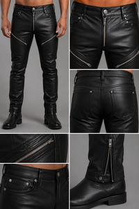 Pantalones de Motociclista Negros de Cuero Genuino para Hombre, Marca Saleh Enterprises, Corte Ajustado, Estilo Vintage, Resistentes al Viento, Ecológicos, con Cierre Diagonal - Product Image 3