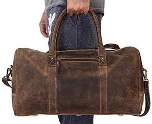 Unisex Leather Duffle Bag Large Capacity Zipper Closure Vintage Travel Bag <b>Soft</b> Handle Durable Polyester Lining - Product Image 5
