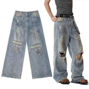Jeans en denim pour hommes de haute qualité, style rétro, délavé, effet usé, déchiré, coupe droite, vente en gros, logo personnalisé, jeans baggy - Product Image 2