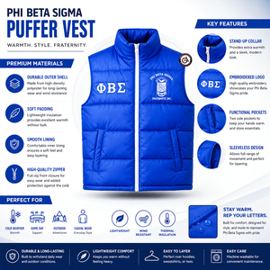 Chaleco Acolchado Ligero y Resistente al Viento de la Fraternidad Phi Beta Sigma, Ecológico, Personalizado con Bordado de la Hermandad Griega - Product Image 5