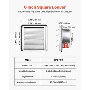 Copertura per Bocchetta di Ventilazione a Parete Quadrata con Lamelle in Acciaio Inossidabile Premium da 6 Pollici con Guarnizione in Gomma Fonoassorbente - Product Image 2