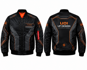 Blouson bomber noir et orange pour homme, coupe-vent personnalisé avec poches zippées, poignets côtelés et design streetwear futuriste - Product Image 3