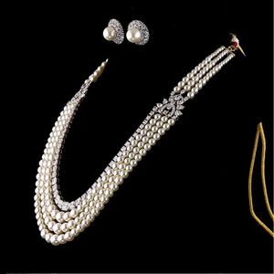 Pearls and <b>Long</b> Mala Lab Grown Diamond Pendant <b>Necklace</b> with Round & Pear Cut Gold for Wedding Engagement Party Women's India - Product Image 4