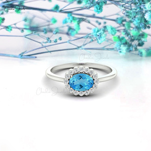Anillo de Halo con Topacio Azul Suizo Ovalado de 7x5mm de Alta Calidad, Oro Puro de 14k, Anillo de Compromiso y Boda, Proveedor Directo al por Mayor - Product Image 2
