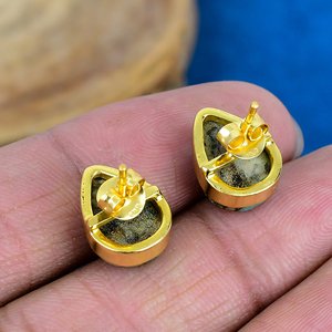 Natural <b>Green</b> Copper Amazonite Pear Shape Gemstone Stud <b>Earring</b> 18k Gold Micron Over 925 Sterling Silver - Product Image 4