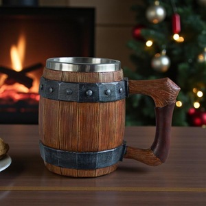 Mug Viking en bois fait main avec bandes et rivets métalliques, forme ronde antique, décoration d'intérieur durable - Product Image 6