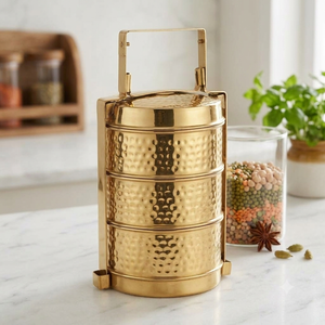 Hammered Brass Tiffin <b>Box</b> 3 Tier Stackable Food Carrier Metal <b>Lunch</b> <b>Box</b> With Handle Luxury Kitchen Storage Wholesale - Product Image 3