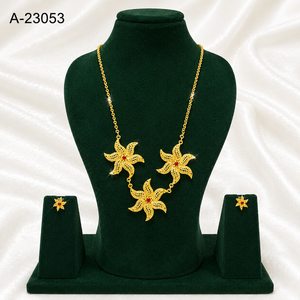 Gold Plated Alloy Flower Necklace and Earring Set with Red Zircon Stones for Women Party Jewelry A-23053 - Product Image 1
