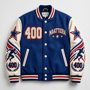 <b>Men</b> Blue Letterman <b>Jacket</b> Cream Leather Sleeves <b>Running</b> Graphic Embroidered Design Snap Front Ribbed Streetwear - Product Image 4