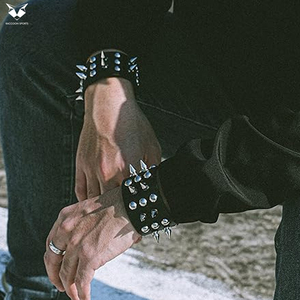 Adjustable Black PU Leather Bracelet Set with Spikes, Studs, Chains, Beaded Wrap, Rivet Design Fashion Wrist <b>Accessories</b> - Product Image 2