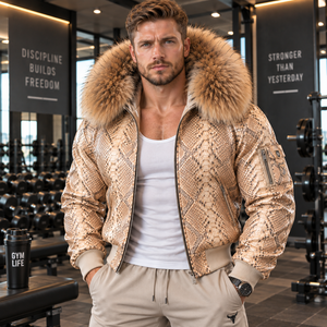 <b>Men's</b> Embossed Python Leather Breathable <b>Summer</b> Bomber <b>Jacket</b> with Plaid Pattern | LEATHER SPOT - Product Image 1