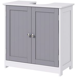 Mobile Bagno Combinato Bianco e Grigio a U con Lavabo Integrato, Ripiano Regolabile, in Legno Massello e PVC per Hotel - Product Image 1
