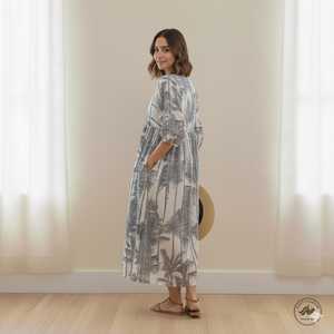 Cotton Floral Print Floor Length A LINE Dress O Neck <b>Three</b> Quarter Puff Sleeves Women's Daily Wear Embroidery Pocket Detail - Product Image 2