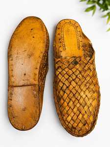Chaussures de marche en feuilles de palmier tissées à la main, à bout fermé, à enfiler, semelle en cuir véritable, décontractées, pour intérieur et extérieur, jaunes, ethniques - Product Image 2