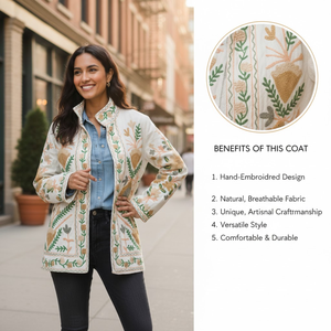 Chaqueta de Algodón Hecha a Mano de Primera Calidad, Bordado Floral a Mano, Obra Maestra para Mujer, Manga Larga, Bolsillos Laterales, Abrigo Estilo TNT Heritage - Product Image 4