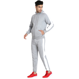 Ensemble de survêtement pour homme à capuche gris, manches longues, fermeture éclair, pantalon de jogging décontracté avec poches latérales, mélange respirant de polyester et de coton - Product Image 2