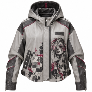 Grey <b>Women</b> Genuine Leather Hooded Jacket Custom Punk Portrait Graphic Print Colorblock Spiked <b>Outerwear</b> OEM Factory Service - Product Image 1