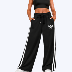 Womens <b>Black</b> Wide Leg Track Pants With <b>White</b> Side <b>Stripes</b> High Waist Drawstring Pockets Loose Fit Sportswear Casual Day <b>Trousers</b> - Product Image 1