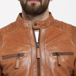 Blouson moto en cuir véritable marron pour homme, col montant, fermeture éclair, coupe ajustée, pour l'automne, style motard - Product Image 6