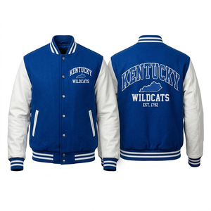 Veste universitaire Kentucky pour homme, bleu et blanc, manches brodées, style bomber, vêtement décontracté d'automne, laine/nylon, bouton unique - Product Image 1