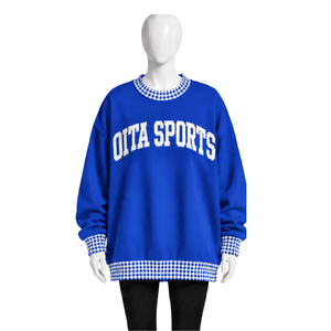 Sweat-shirt à col rond bleu roi pour homme, coupe ample, avec col et ourlet à carreaux, manches longues, motif graphique, pull décontracté, haut tendance - Product Image 1