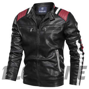 Men's Black PU Leather Moto Jacket With Red Accents Turn-<b>down</b> Collar Zipper Closure Slim Fit Autumn Wear - Product Image 2