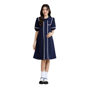 Robe de bureau bleu anthracite V1465 avec col lotus, manches bouffantes, tissu sergé doux et absorbant la transpiration, prix de gros - Product Image 1