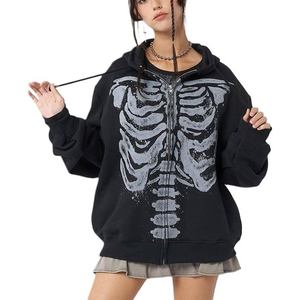 Sudadera con capucha negra con cremallera completa, estampado gráfico personalizado de invierno, estilo Y2K vintage con estampado de huesos de esqueleto, oversize unisex, estilo streetwear - Product Image 3