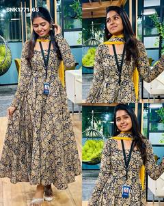 Best Fabric Pure Cotton with Kalamkari Block Print Readymade Anarkali Full-Flared Long Kurti-Georgette Dupatta Set <b>Woman</b> Fashion - Product Image 4