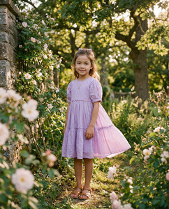 Vestido de niña lavanda con mangas abullonadas y volantes, corte A, hasta la rodilla, color liso, de algodón y lino transpirable, estilo princesa, para verano - Product Image 2