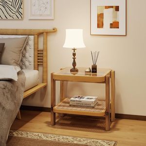 Tavolino a 2 Ripiani in Rattan con Piano in Vetro Temperato e Gambe in Legno di Acacia Massiccio per Soggiorno, Bar e Caffetteria - Product Image 3