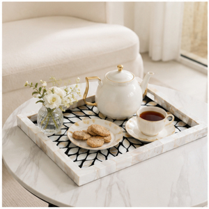 Plateau de service décoratif moderne en bois et résine noire, incrusté de nacre, fait main, de luxe, pour table basse ou mariage - Product Image 2