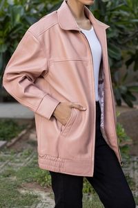 Veste utilitaire en cuir PU tressé pour femme, manches longues, col rabattable, fermeture éclair, style automne, couleur unie, coupe-vent - Product Image 5