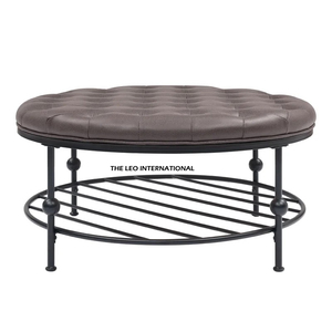 Tufted Coffee Table Ottoman Solid Wood Linen Upholstered Storage Shelf <b>Round</b> Footrest For Living Room Bedroom Modern Design - Product Image 5