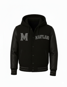 Veste de baseball universitaire à capuche pour homme, personnalisée avec logo frontal, style Maryland, en laine noire, imperméable et respirante, streetwear, vêtement d'extérieur - Product Image 1