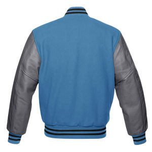 Men's Blue Varsity Jacket With Gray Leather Sleeves Stand Collar Casual Autumn Wear - Product Image 2