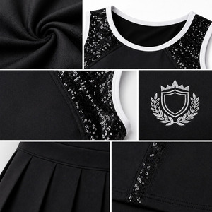 ชุดเชียร์ลีดเดอร์สีดำประดับเลื่อมสำหรับผู้หญิง แบบไม่มีแขนเสื้อ พร้อมกระโปรงจีบและขอบสีขาว สำหรับการแสดงและการแข่งขัน - Product Image 4
