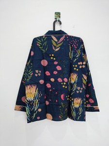 Pijamas de algodón de 2 piezas para mujer, con estampado floral azul marino, manga larga, cuello vuelto, ropa de dormir informal - Product Image 6