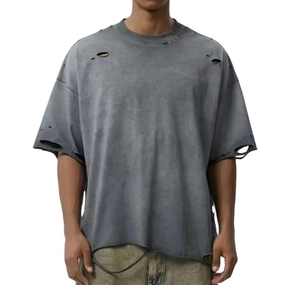 Camiseta Oversize Gris Desgastada al por Mayor para Hombre, Estilo Grunge, Ropa Urbana Rasgada, Algodón Lavado Vintage, Ajuste Holgado, Logotipo Personalizado - Product Image 4