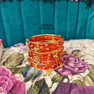 Stylish Handmade Orange Kashmiri Bangle Set with Ghungroo Traditional Ethnic Gold Plated 16-Piece Jewelry for Women - Product Image 2